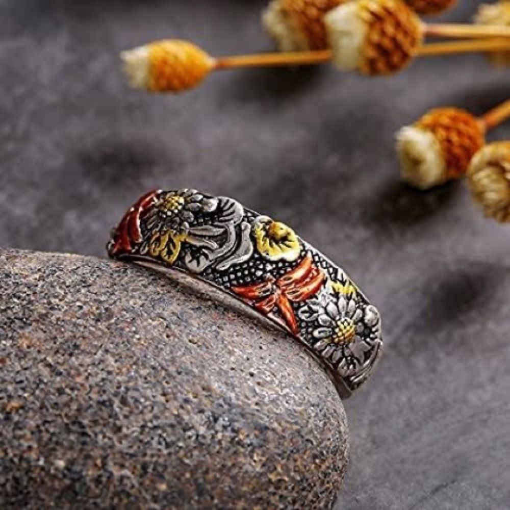 Vintage S925 750 Sterling Silver Rose Gold Carved Dragonfly Sunflower Ring - Picture 5 of 16